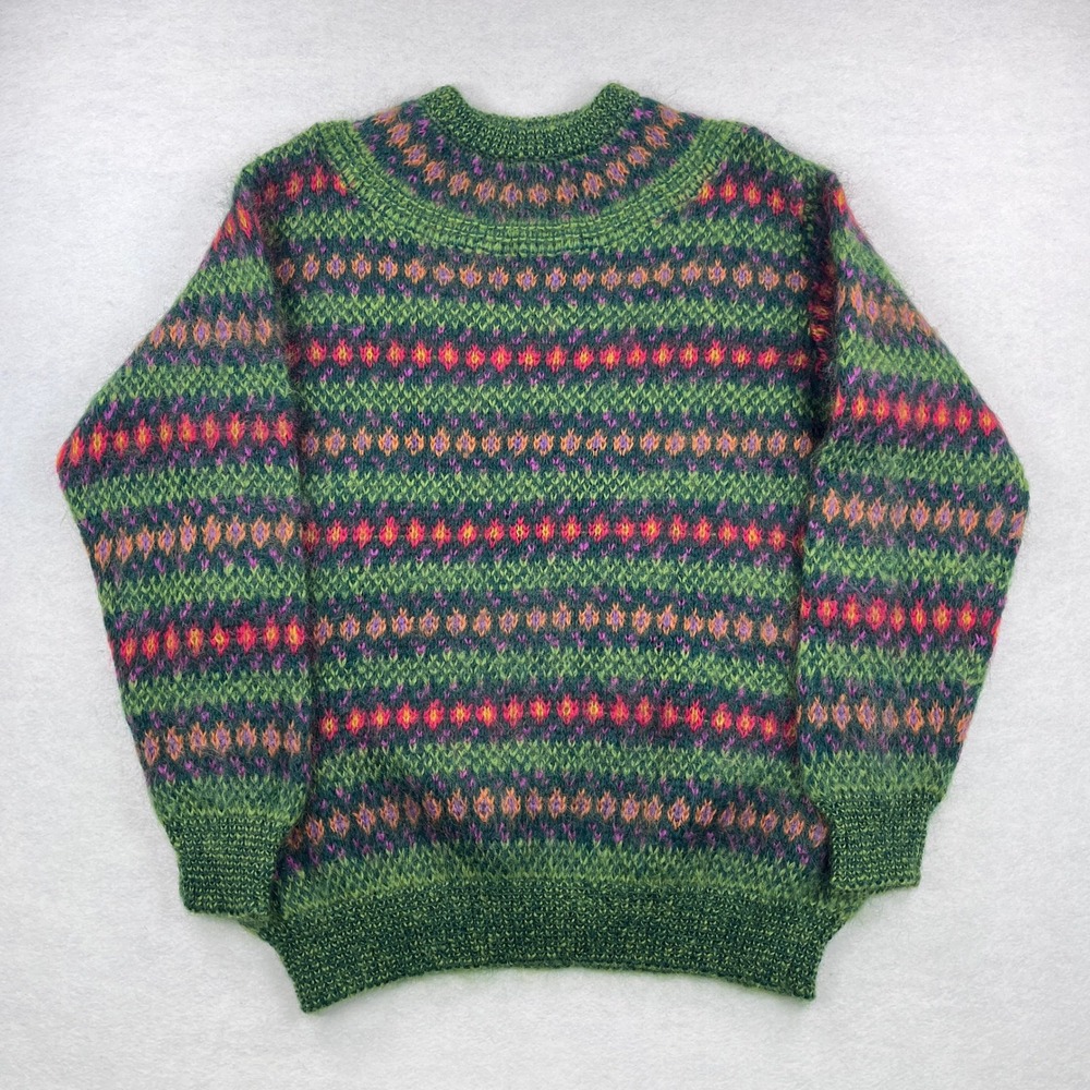 United Colors of Benetton Vintage Fair Isle Mohair Knit Sweater Green Mens